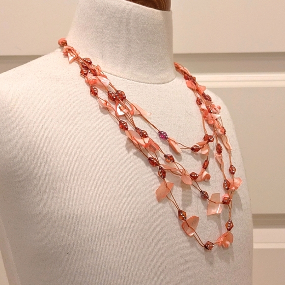 Vintage 19.5" Pink Natural Shell and Rope Necklace with Rhinestone Beads - Picture 6 of 6